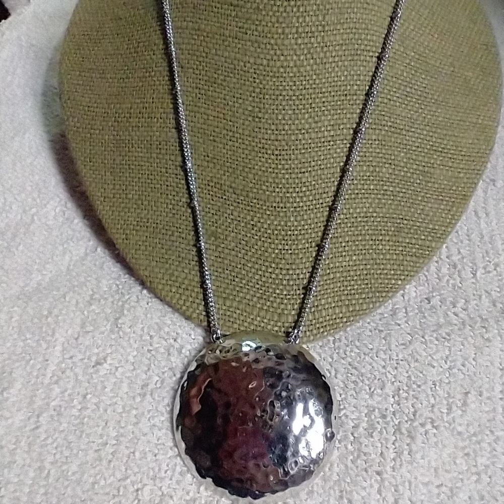 Silvertone large round pendant chain statement runway necklace